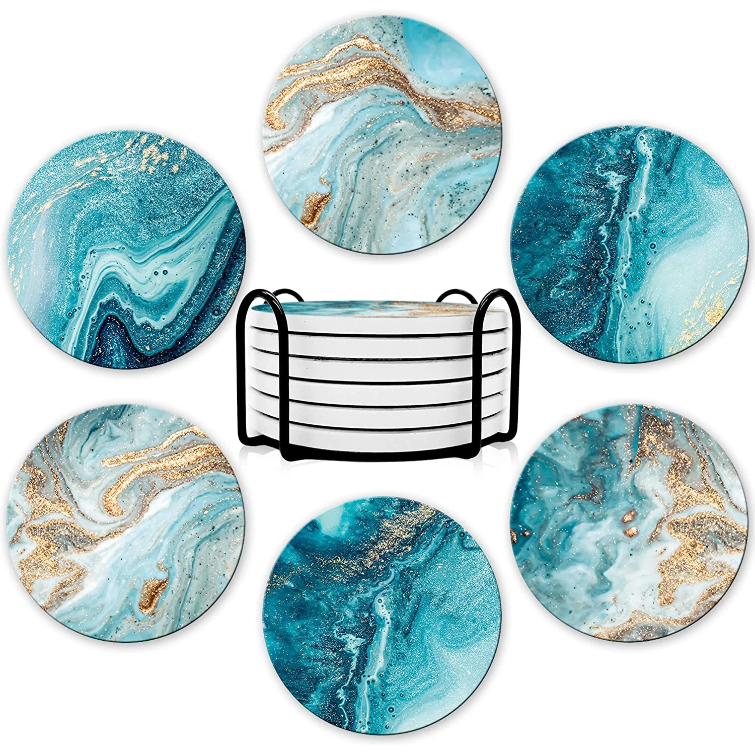 Marble Coaster Set - 6Pcs Set Coaster Minuman dengan Braket,