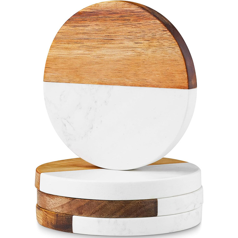 Marble Coaster Set - 4Pcs Coasters Kayu Akasia Marmer Bulat