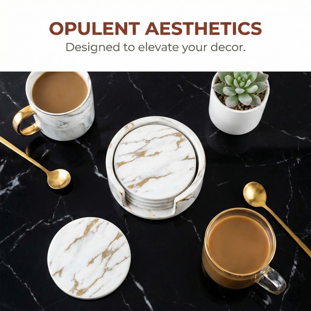 Marble Coaster Set - 7 Buah Set Coaster Kulit PU