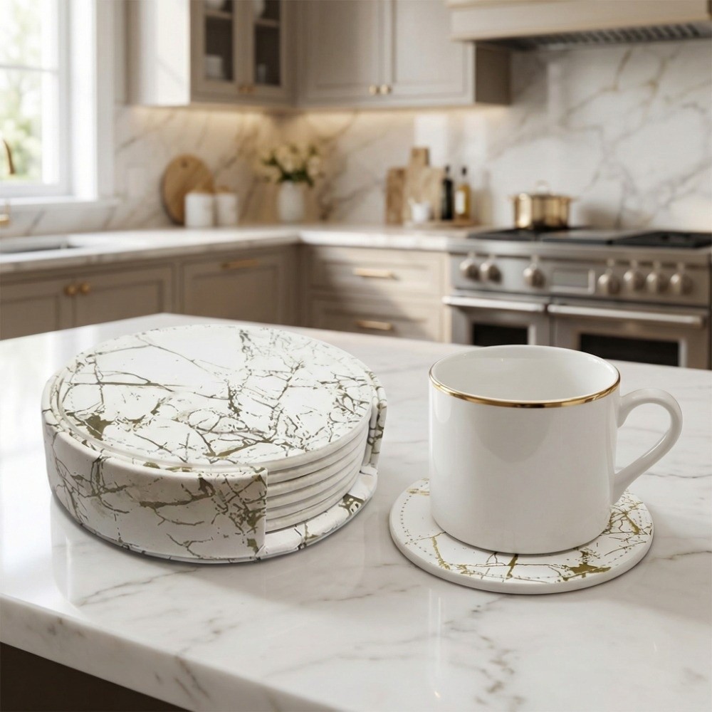 7 Buah Set Coaster Kulit PU Ta - Marble Coaster Set ulasan dan harga